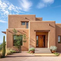 an adobe style house with steps leading to the front door