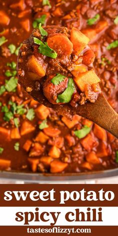 a spoon full of sweet potato spicy chili on top of a pan with the title above it