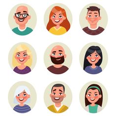 people with different facial expressions are smiling and looking at the camera, set of nine avatars