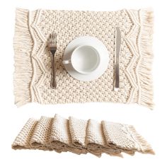 PRICES MAY VARY. THE RIGHT TOUCH of texture and elegant design can make a big decorative difference. SnugLife’s boho placemats set of 6 will add that just right dash of rustic chic decor 100% HANDMADE macrame placemats. From its cute tassels and farmhouse pattern, each braided piece is woven with care. Perfect cream placemats for any boho dining table NATURAL COTTON placemats for dining table or beautiful coffee table settings. Measures 12”x20”. Use on tables at home, even in an office to spruce Macrame Table Setting, Table Runner Macrame Tutorial, Boho Dining Table, Boho Placemats, Bohemian Table, Macrame Table, Rustic Chic Decor, Bohemian Wedding Decorations, Macrame Table Runner