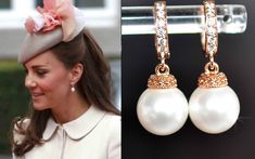 "These celebrity inspired handmade pearl and CZ dangle bridal earrings feature 10mm round Swarovski pearls in your choice of colour dangling from cubic zirconia \"huggie\" style click earring findings. The pearls are topped with a bead cap and the earring findings feature 6 CZs up the front. I was inspired to make these earrings by ones that Catherine, the Duchess of Cambridge has worn in public on numerous occasions. Really beautiful quality and amazing sparkle perfect for your wedding or special occasion! For pierced ears.  Measurements:  1\" L x 3/8\" W Why cubic zirconia? CZ is hard, optically flawless, usually colorless and is available in a variety of different colors. Because of its durability, and close visual likeness to diamond, synthetic CZ has remained the most gemologically an Bride Earrings Pearl, Gold Earrings Bridal, Rose Gold Bridal Earrings, Real Diamond Earrings, Gold Bridal Earrings, Pearl Rose, Trending Necklaces, Rose Gold Bridal, Bridal Earrings Pearl