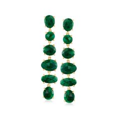 Ross-Simons - 39.00 ct. t. w. Emerald Linear Drop Earrings in 18kt Gold Over Sterling. Elegant and verdant. Various sized round and oval emeralds totaling 39.00 carats descend in these linear drop earrings. Set in gleaming polished 18kt yellow gold over sterling silver. Hanging length is 2 5/8". Post/clutch, emerald drop earrings. Emerald birthstones are the perfect gift for May birthdays. Green Linear Drop Earrings For Formal Occasions, Emerald Drop Earrings, Emerald Earrings Drop, Emerald Birthstone, Earrings Emerald, Fine Jewelery, Sapphire Color, Emerald Color, Natural Gold