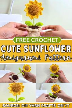 crochet sunflower amigurma pattern with instructions to make it in the shape of a vase