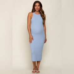 A Sleeveless Ribbed Knit Fitted Maternity Midi Dress. Rounded Neckline. Bibi By Pinkblush New With Tags Inventory #P9385 Blue Ribbed Sleeveless Bodycon Dress, Sleeveless Ribbed Blue Bodycon Dress, Blue Ribbed Sleeveless Dress, Blue Ribbed Knit Dress, Sleeveless Ribbed Midi Dress For Beach, Casual Ribbed Maternity Dresses, Maternity Bodycon Dress, Pink Blush Maternity Dress, Fitted Maternity Dress