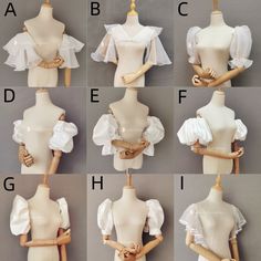 six mannequins with different types of blouses on them, all in white