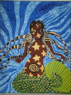 a painting of a woman sitting on top of a green plant in the ocean with stars and swirls around her body