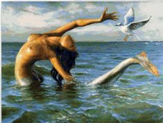 a painting of a man in the water with two birds flying over him and one bird on his head