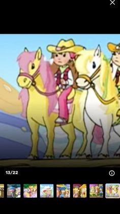 an animated screen shot of some cartoon characters on horses and one horse is holding the reins