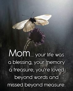 a butterfly sitting on top of a purple flower with the caption mom your life was a blessing, your memory is a treasure, you're