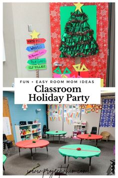 classroom holiday party with colorful tables and decorations