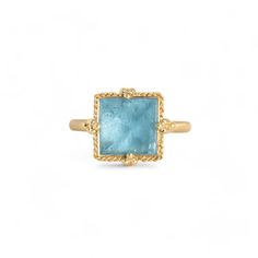 This Aquamarine has a light powder blue hue and striking facets that catch the light. We set this one-of-a-kind gemstone in a handmade gold bezel accented with braided gold and granulated prongs. This beauty is currently size 7, contact us for sizing options. Yellow Gold Aquamarine Jewelry With Accent Stones, Elegant Blue Topaz Cabochon Ring, Luxury Aquamarine Yellow Gold Jewelry, Fine Jewelry Aquamarine With Bezel Setting, Gold Aquamarine Jewelry With Bezel Setting, Aquamarine Gemstone Jewelry In Yellow Gold, Yellow Gold Aquamarine Gemstone Jewelry, Gold Aquamarine Jewelry With Accent Stones, Watermelon Tourmaline Jewelry