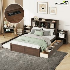 a bed sitting on top of a wooden floor next to a book shelf filled with books