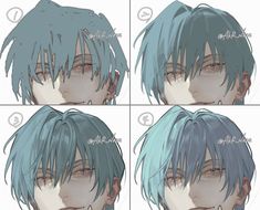 four different angles of the head of a person with blue hair