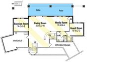 the floor plan for a house with an above ground swimming pool and two separate garages