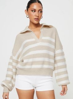 Williamson Stripe Sweater Beige Church Fits Casual, Fall Pullovers, Cute Fall Sweaters, Autumn Styles, Knit Sweater Oversized, Neutral Sweater, Friday Outfit, Collared Sweater, Boho Outfit