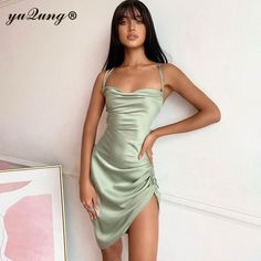 Yuqung Women Satin Backless Lace Up Strap Ruched Drawstring Mini Dress Sexy Faux Silk Strapless Bridal Party Dresses, Suspender Dress, Dress Spaghetti, Mini Slip Dress, Dress Satin, Satin Mini Dress, Mini Cocktail Dress, Dress Silhouette, Looks Vintage