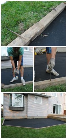 the process of painting an asphalt driveway is shown in four different pictures, including two men working