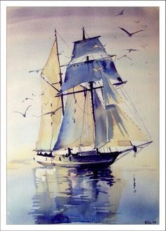 a painting of a sailboat in the water with seagulls flying around it