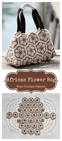 an african flower bag is shown in three different colors and sizes, with the words free crochet pattern below it