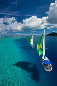 three sailboats sailing in the ocean on clear blue water