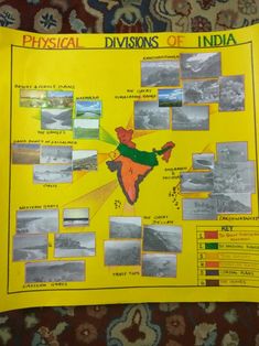 a yellow poster with pictures on it that says physical division of india and shows the location of different areas