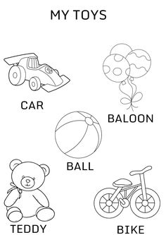 a coloring page with different toys and words