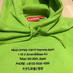 Supreme Sweatshirt Lime Green Hoodie Never Worn Features: Hoodie, Headquarter Info, Kangaroo Pocket Hoodie Season Fleece Machine Wash Green Sweatshirt With Embroidered Logo For Streetwear, Green Sporty Hoodie With Embroidered Logo, Sporty Green Hoodie With Embroidered Logo, Green Branded Sweatshirt For Winter, Green Hooded Sweatshirt With Embroidered Logo, Supreme Sweatshirt, Supreme Sweater, Hoodie Season, Hoodie Green