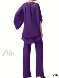 Zlily - Stylish Two-Piece Set: Sophisticated Layered Ruched Keyhole Tops & Long Length Wide Leg Pants Ensemble, Womens Fashion Wear Chic Sets With Solid Color Long Pants, Chic Solid Color Sets With Long Pants, Elegant Stretch Pant Set For Spring, Elegant Stretch Sets With Long Pants, Elegant Stretch Purple Pants, Chic Solid Color Pant Set For Party, Elegant Purple Pants For Summer, Elegant Purple Summer Pants, Keyhole Top