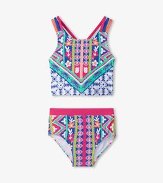 Girls Kaleidoscope Two-Piece Crop Top Bikini Set Short Swimsuit, White Tankini, Big Splash, Striped Two Piece, Long Sleeve Rashguard, Girl Rainbow, Swimwear Sets, Swim Sets, Swim Tankini