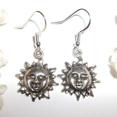 Silver Earring Sun Sunshine Sunburst Dangle Drop Gift Idea For Her Woman C524 This Costume Jewelry Earring Set Is Brand New And Handmade By Me - Wvluckygirl. Handcrafted With Antiqued Dark Silver Toned Sun Charms That Have A Face. The Pair Dangle And Drop From 925 Sterling Silver Lever Backs For Her Pierced Ears. Measure 1 1/2 Inches Tall And 3/4 Inch Wide. Each Single Earring Weighs 2.0 Grams. Lightweight! Buy Them Now Before Someone Else Does! Dangly Dangling Hanging Fashion Accessory Boho Chi Silver Jewelry For Everyday Summer Wear, Silver Pierced Jewelry For Summer, Everyday Summer Silver Jewelry, Silver Sun Design Earrings, Silver Sun Design Jewelry For Summer, Silver Jewelry With Sun Design For Summer, Silver Dangle Earrings For Summer, Silver Dangle Earrings With Sun Design, Silver Sun Design Dangle Earrings