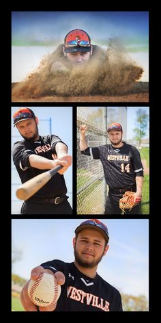 four different shots of a baseball player hitting the ball with his bat, and then throwing it in the air