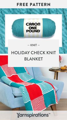 the crochet holiday check knit blanket is on display in front of a blue chair