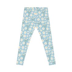 Experience the ultimate in comfort and style with our Sky Blue Daisy Women's Casual Leggings. Made with a light blue fabric, these leggings feature a delicate daisy design that is both pretty and sweet. Stay calm and in control during your workouts, while looking adorable and cute. Bring a touch of nature to the gym with our floral white flower print. Perfect for morning yoga or any exercise attire, these leggings are a must-have for any spring or summer wardrobe. The most comfortable item in your clothing shop, these casual leggings are so smooth no one will ever want to step out of them. They're made from 83% polyester, 17% spandex and sport a silky finish. Perfect for chilling in the house and working out – the elastic waistband keeps them in place at all times. A size and care label is Stretch Light Blue Leggings For Spring, Floral Print Leggings For Spring Loungewear, Fitted Light Blue Casual Leggings, Casual Full-length Spring Leggings, Trendy Blue Pants With Floral Print, Trendy Spring Leggings For Loungewear, Trendy Full Length Leggings For Spring, Trendy Spring Loungewear Leggings, Casual Daisy Print Bottoms For Spring