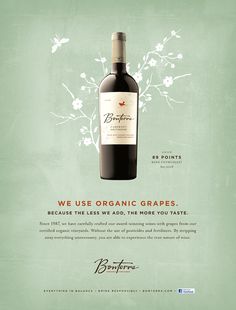 a bottle of wine is shown in this ad for brochure organic grape company