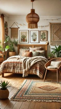 a bed room with a neatly made bed and lots of plants