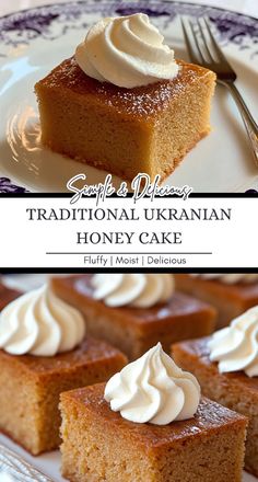 there is a piece of traditional ukraine honey cake on the plate with whipped cream on top