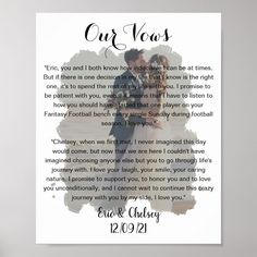 a wedding vows card with the words our vows written in black and white on it