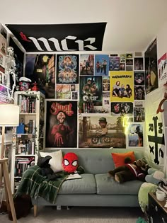 a living room filled with lots of movie posters