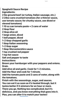 the recipe for spaghetti sauce is shown in black and white