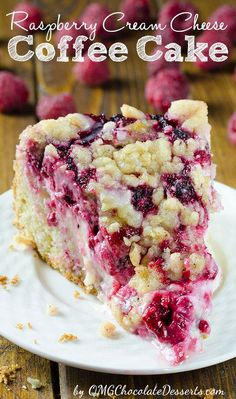 raspberry cream cheese coffee cake on a white plate