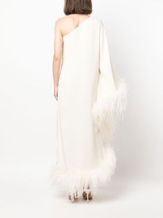 ostrich-feather one-shoulder dress from TALLER MARMO featuring ivory white, ostrich feather, one-shoulder, single long sleeve, asymmetric hem and ankle-length. This item is in size 38 and the color is White One-shoulder Dress With Feather Trim, One-shoulder Feather Trim Dress, One Shoulder Dress With Feather Trim, White Ostrich Feather Evening Dress, Taller Marmo, Tall Maxi Dress, Crepe Maxi Dress, Ostrich Feather, Ostrich Feathers