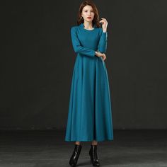 FEATURES Wool blend 25% wool, other fiber,nylon Polyester lining Back zipper closure Long sleeve Fit and flare Regular fit Mid calf Perfect for winter, autumn More color SIZE Available in sizes XS-XL How to choose size ? 1.Check your body measurement with instructions https://www.etsy.com/listing/794054080 2.Get your size in Size Chart with your body measurement https://www.etsy.com/listing/794055682 3.Send me your measurement if you need help Bust Waist Hips Your over all Height Weight Bra size Blue A-line Midi Dress For Winter, Long Blue Winter Dress, Long Sleeve Dress For Winter Workwear, Solid Long Sleeve Dress For Winter Workwear, Solid Long Sleeve Winter Dress For Work, Blue Long Sleeve Midi Dress For Winter, Winter Wool A-line Dress, Wool Long Sleeve Midi Dress For Spring, Wool Long Sleeve Midi Dress For Fall