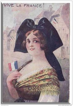 an old french postcard with a woman holding a flag and wearing a black hat