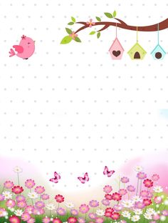 a pink flower field with birds hanging from the branches and flowers in the foreground