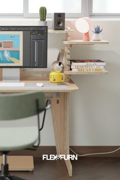 a computer monitor sitting on top of a wooden desk