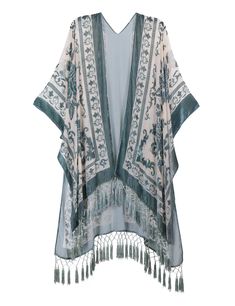 Stevie's Boho Tassel Velvet Kimonos Woodland Gatherer Australia BNPL Hippie Boho Print Kimono For Festival, Bohemian Floral Print Kimono, Bohemian Kimono With Floral Print, Bohemian Long Kimono With Tassels, One Size Green Bohemian Kimono, Bohemian Festival Kimono With Tassel Ties, Bohemian Tassel Kimono For Fall, Bohemian Fall Kimono With Tassels, Vacation Kimono With Tassels One Size