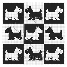 the cross stitch pattern for dogs is shown in black and white, which includes four different squares