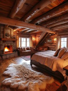 a large bed sitting in a bedroom next to a fire place on top of a wooden floor