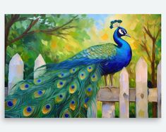 a painting of a peacock on a fence