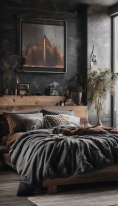 a bedroom with a large bed and lots of plants on the wall next to it